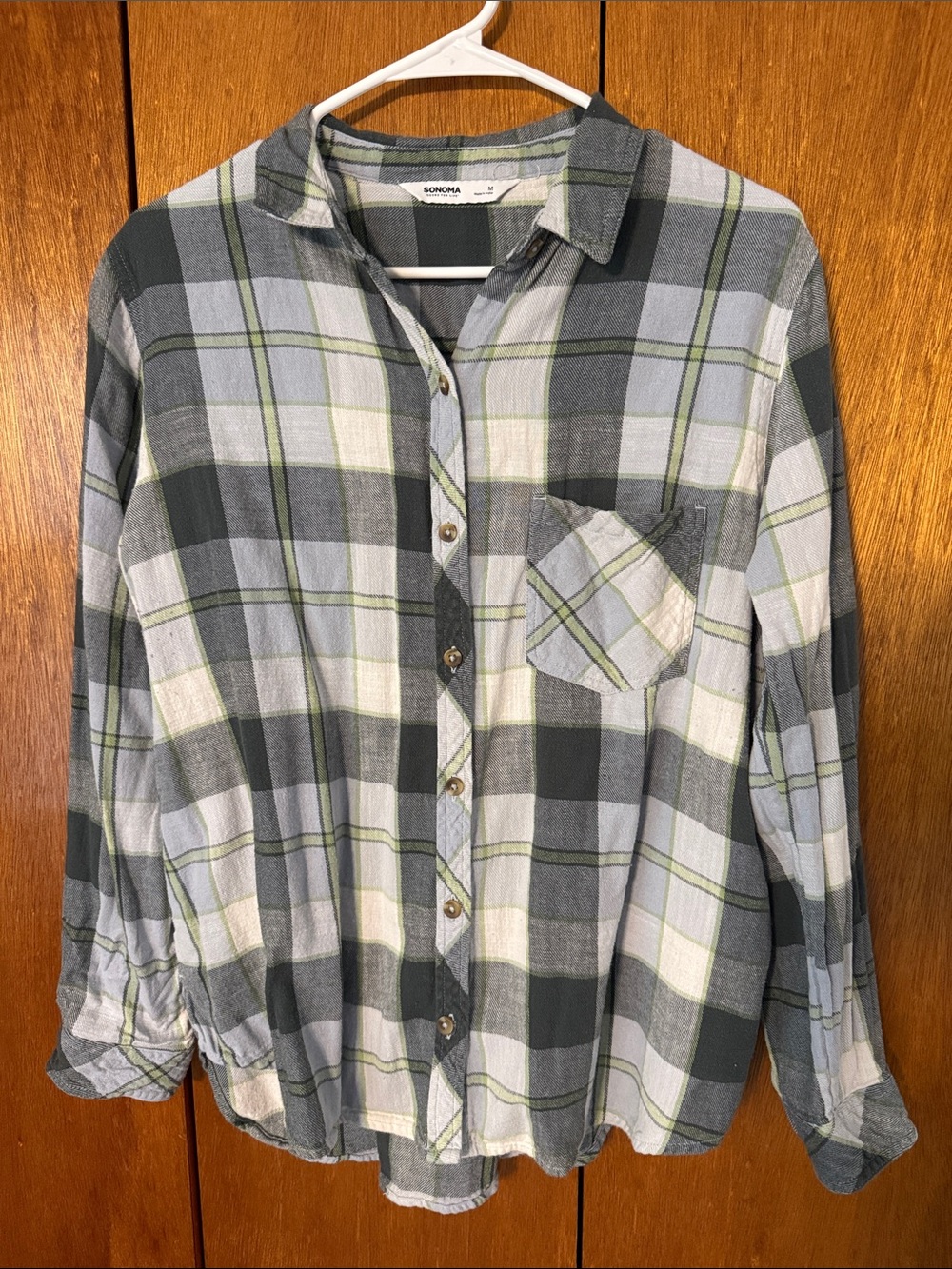 Sonoma Light Gray and Dark Gray Plaid Button-Down Shirt with Green Accents